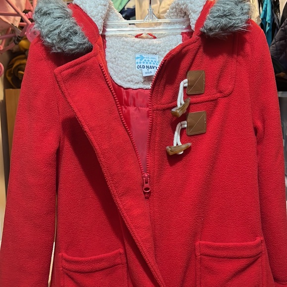 Old Navy Girls Fleece Fur Red Peacoat Jacket Hooded Long Fuzzy Cute Medium - Picture 4 of 8